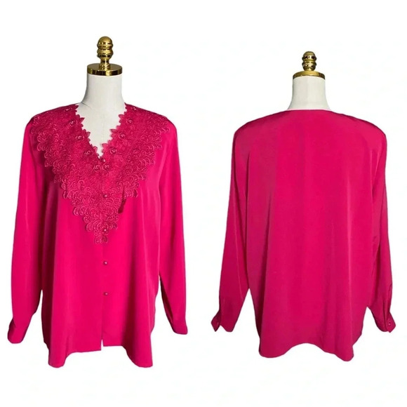 K C STUDIO | Vintage Magenta Lace Embroidered Satin Button Down Blouse Size 16W - Picture 4 of 9